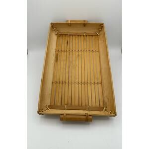 Mid 20th Century Light Bamboo Slat Lap Serving Tray with Cane Handle